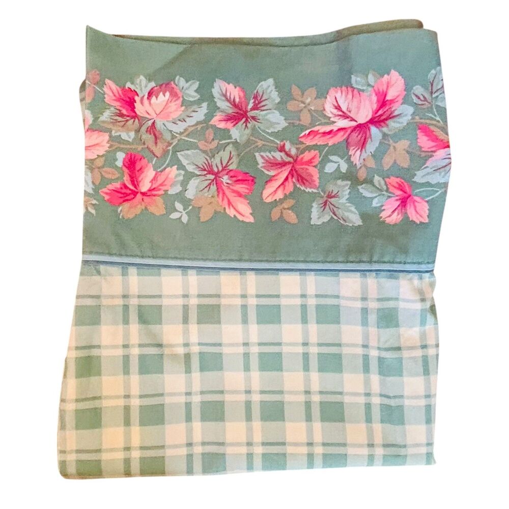 Vintage LAURA ASHLEY King Pillowcase Plaid Floral Blue Cottagecore